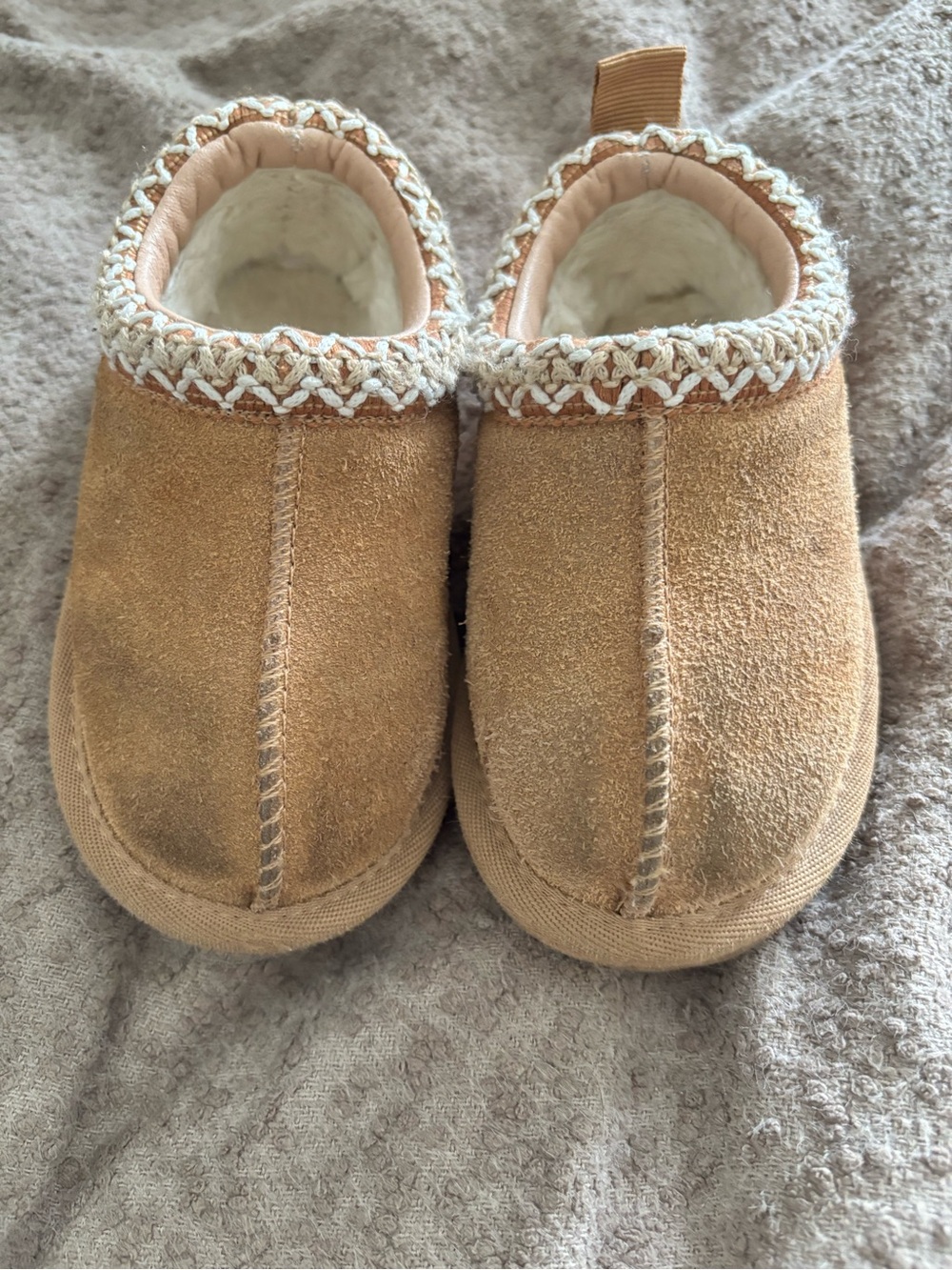Cozy Kids Suede Footie Slippers in Tan